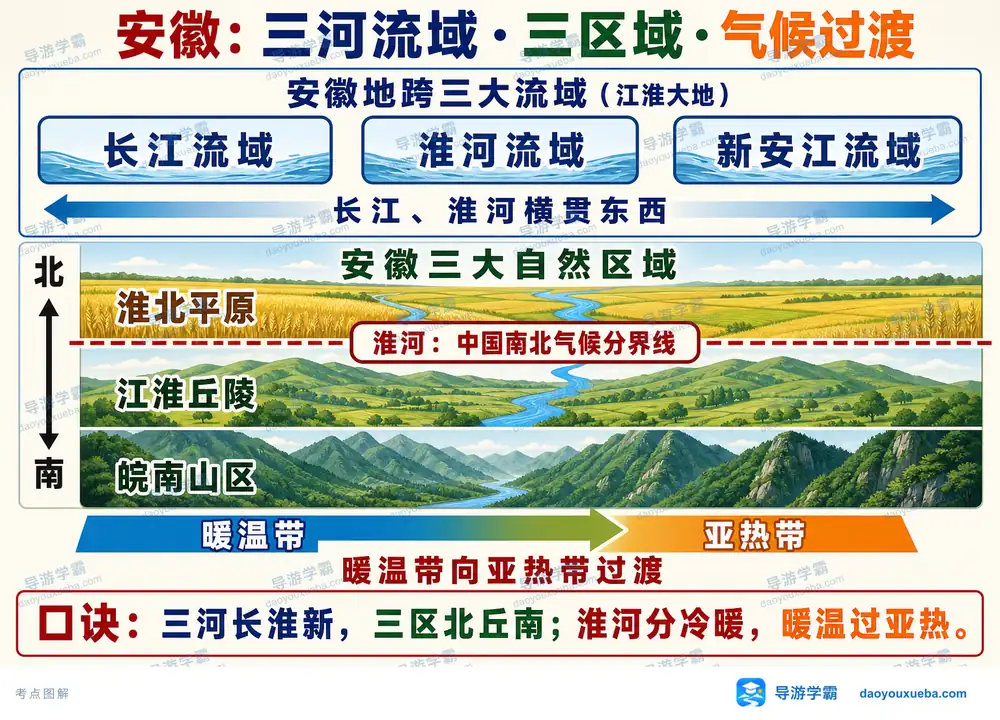 安徽三河流域三区域与气候过渡考点图（导游学霸·科四安徽）