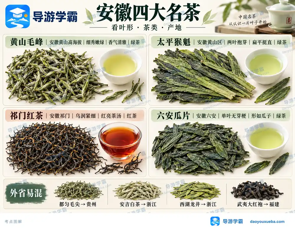 安徽四大名茶与外省易混茶考点图（导游学霸·科四安徽）