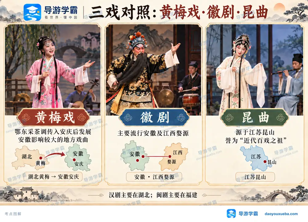 黄梅戏徽剧昆曲起源地域辨析考点图(导游学霸·科四安徽)