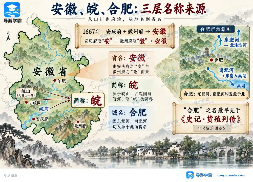 安徽安庆徽州简称与合肥得名考点图(导游学霸·科四安徽)