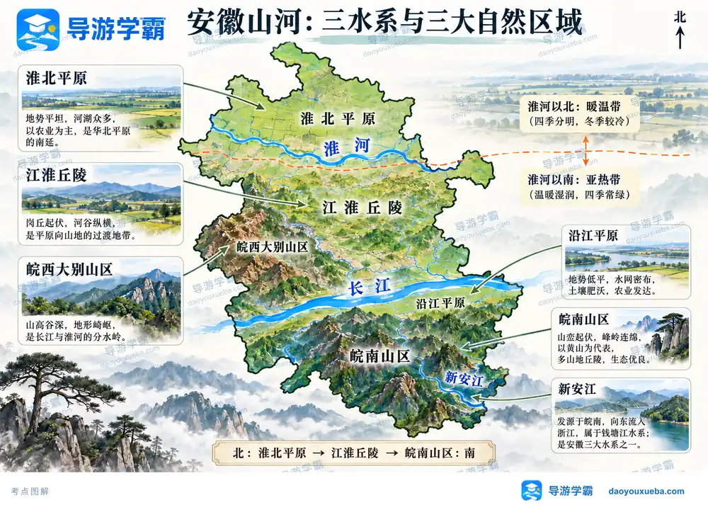 安徽三大水系与淮河气候分界考点图（导游学霸·科四安徽）