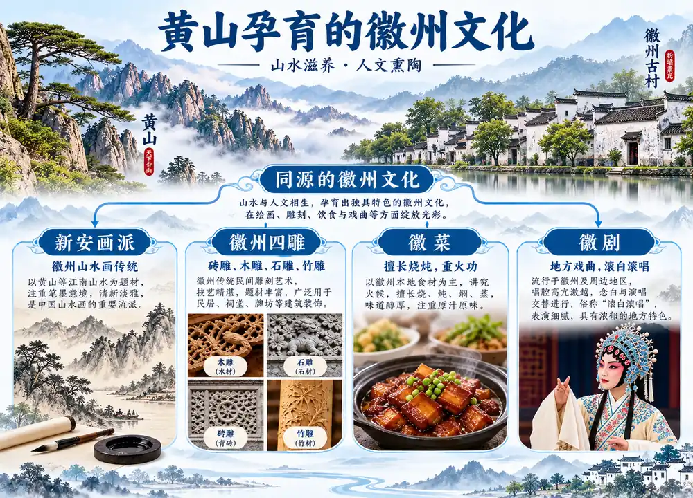 黄山孕育徽州文化四雕徽菜徽剧考点图（导游学霸·科四安徽）