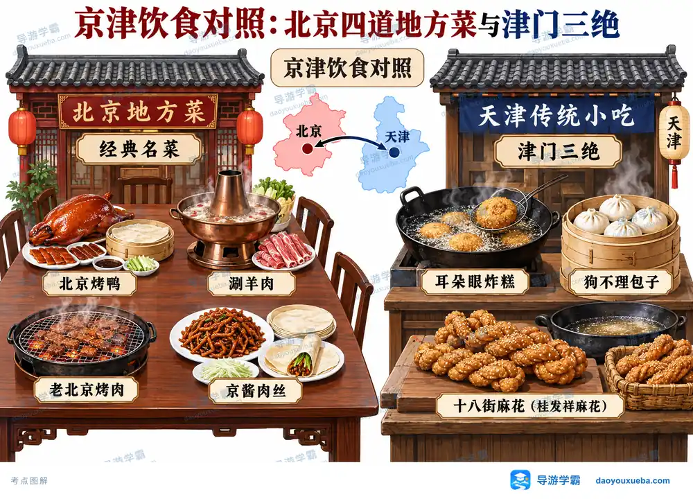 北京四大名菜与津门三绝小吃考点图（导游学霸·科四北京）