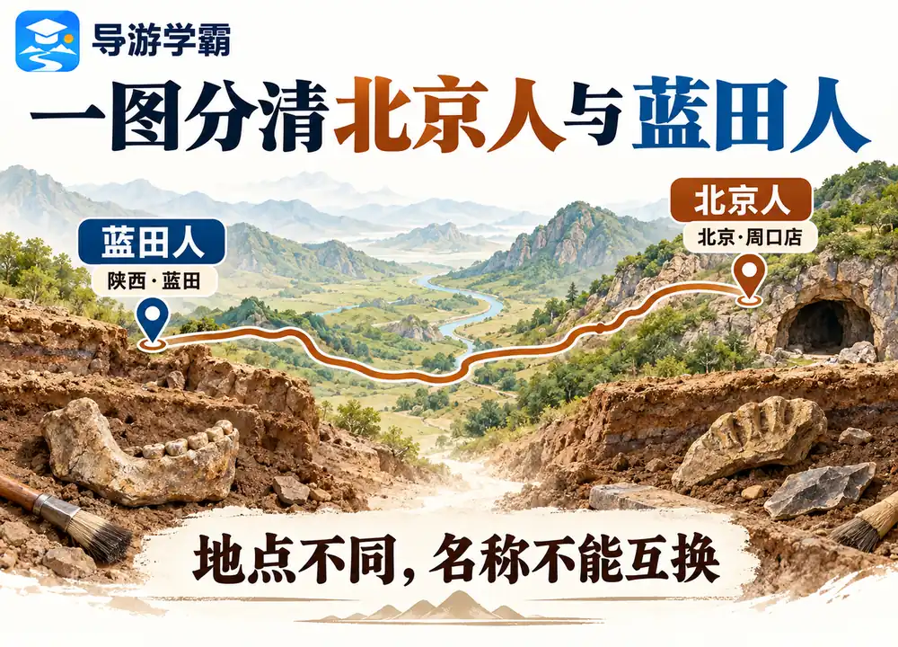 北京周口店北京人与陕西蓝田人考点图（导游学霸·科四北京）