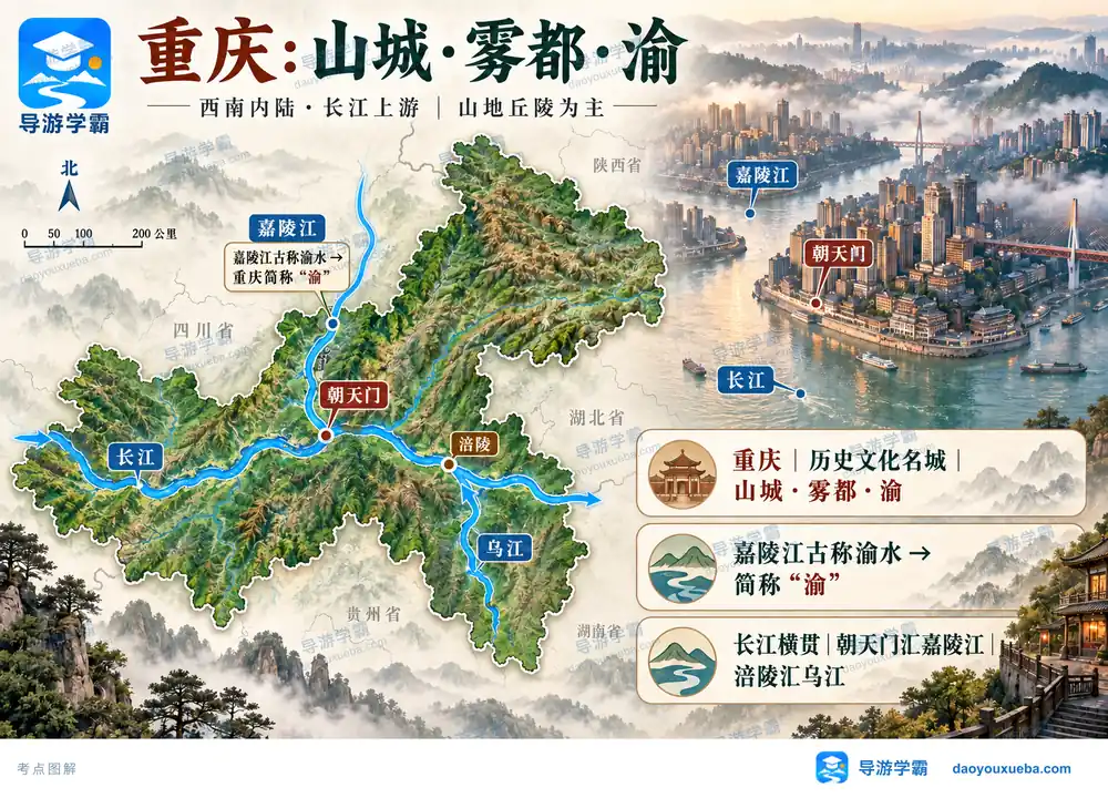 重庆山城雾都嘉陵江朝天门汇流考点图(导游学霸·科四重庆)