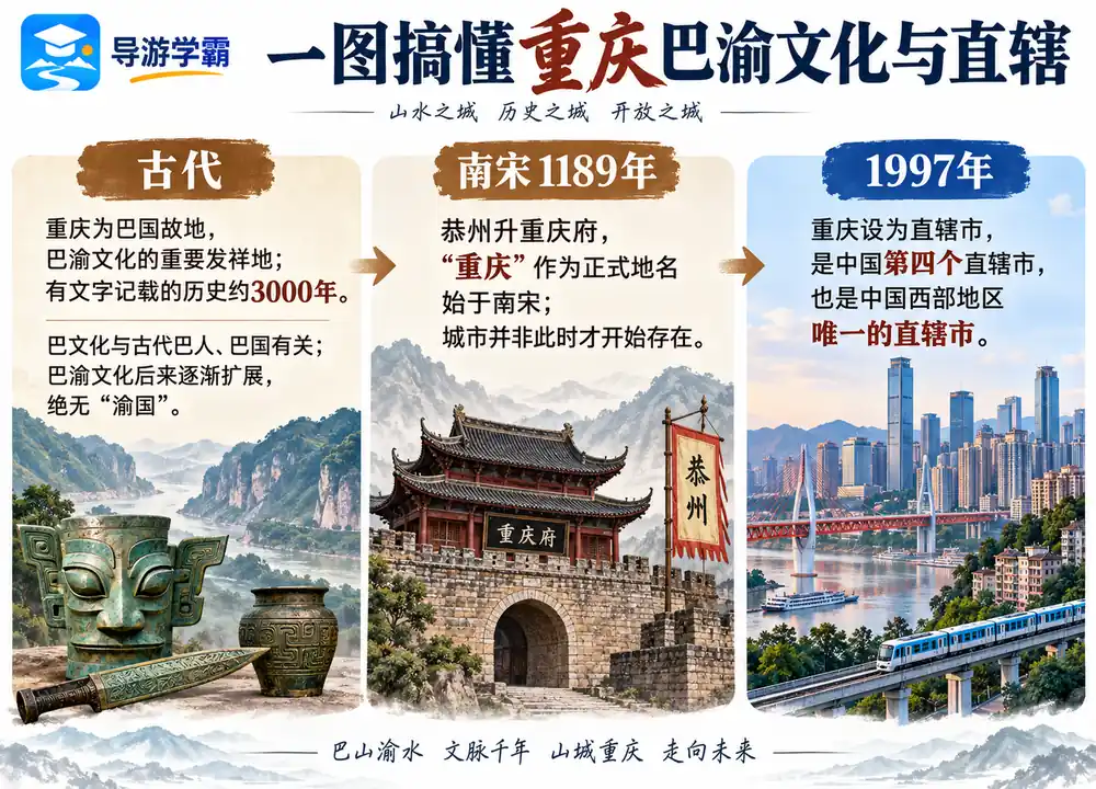 重庆巴渝文化发祥南宋得名直辖考点图（导游学霸·科四重庆）