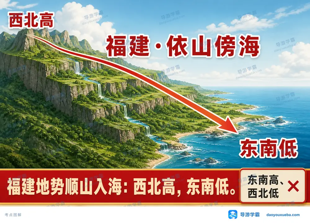 福建西北高东南低地势考点图(导游学霸·科四福建)