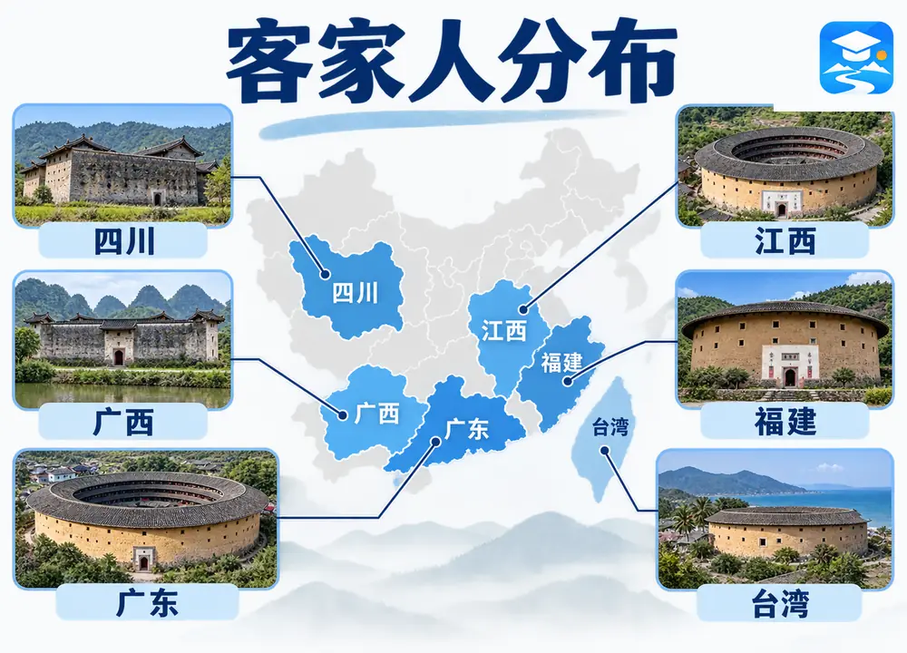 客家人在全国六大主要分布省份考点图(导游学霸·科四福建)