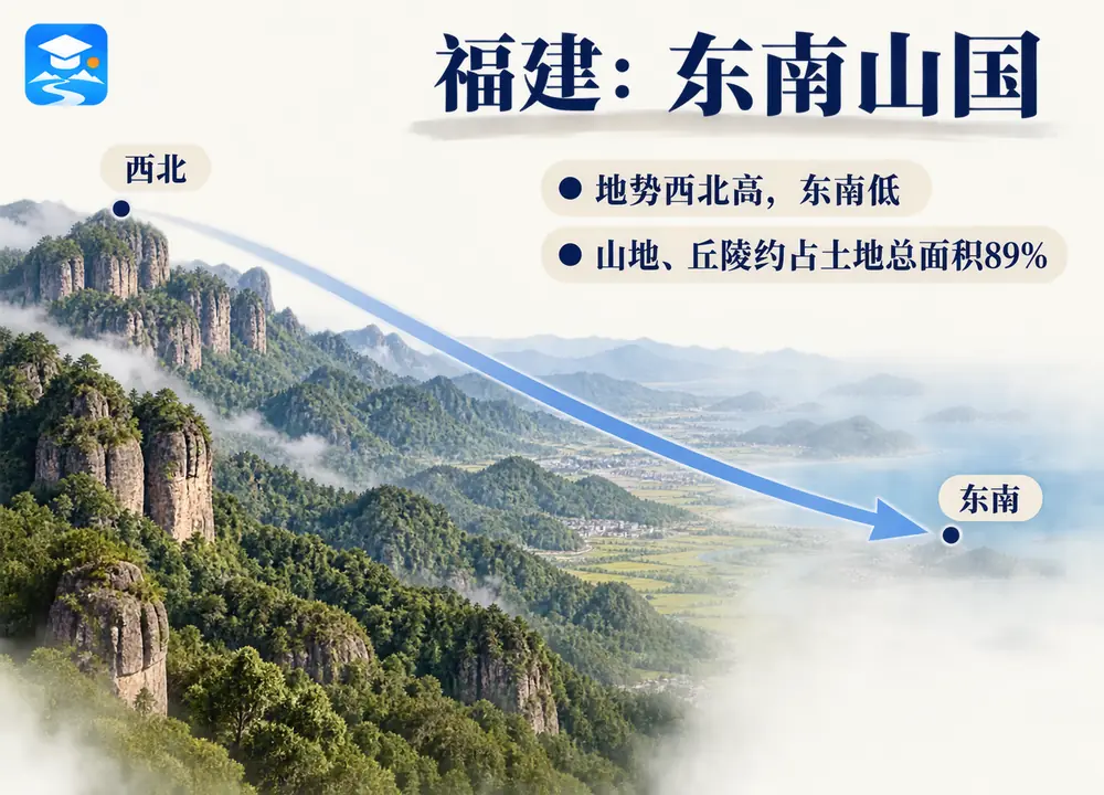 福建东南山国地势与山地丘陵占比考点图（导游学霸·科四福建）