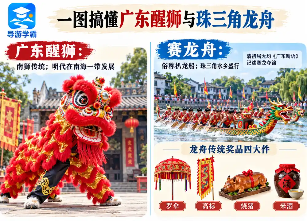 广东醒狮珠三角龙舟四大件奖品考点图(导游学霸·科四广东)