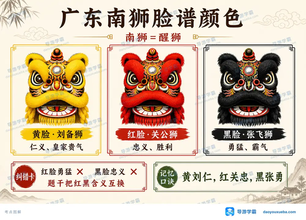 广东南狮脸谱颜色与人物对应考点图（导游学霸·科四广东）