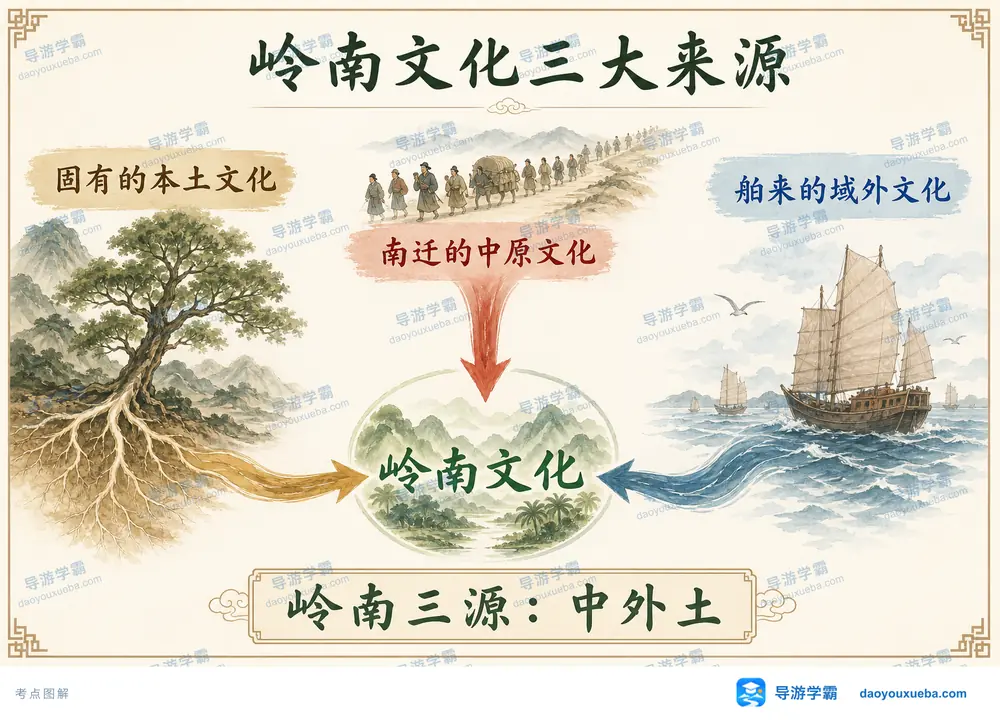 岭南文化三大来源考点图(导游学霸·科四广东)