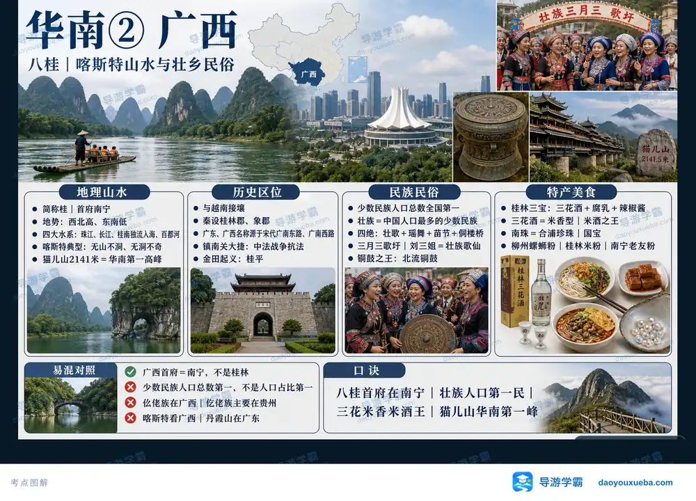 广西八桂喀斯特山水壮乡民俗考点图(导游学霸·科四广西)
