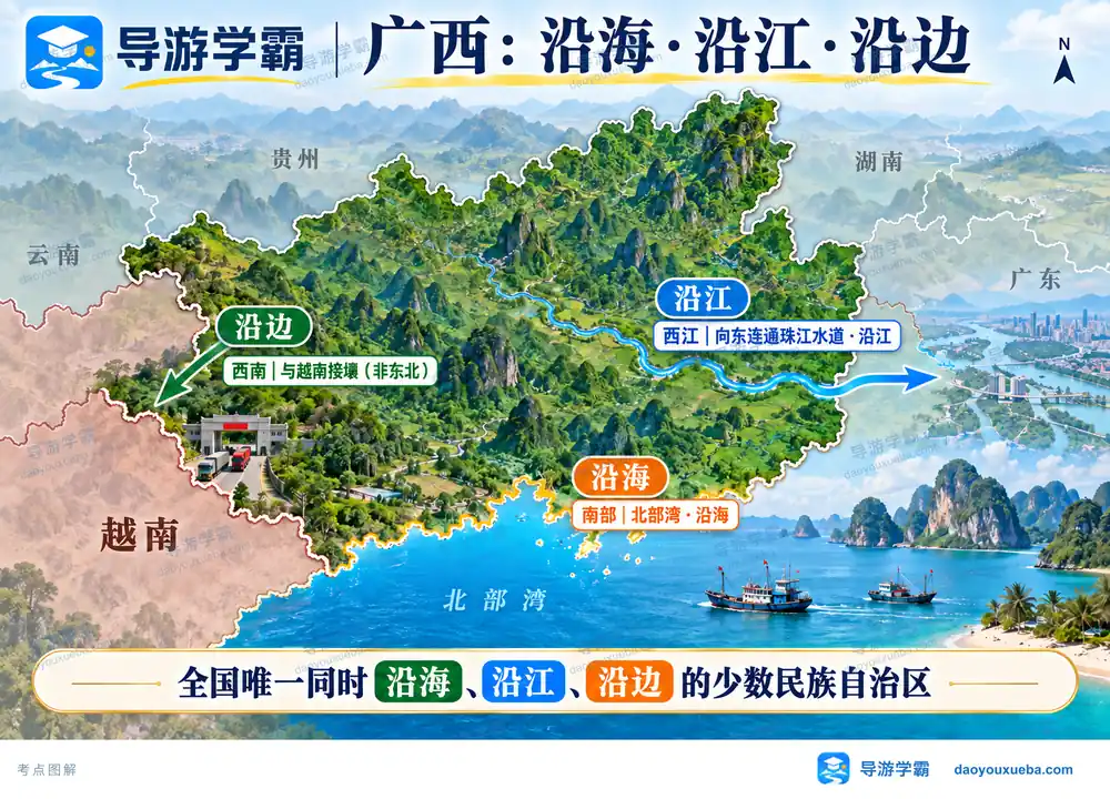 广西沿海沿江沿边区位优势考点图（导游学霸·科四广西）