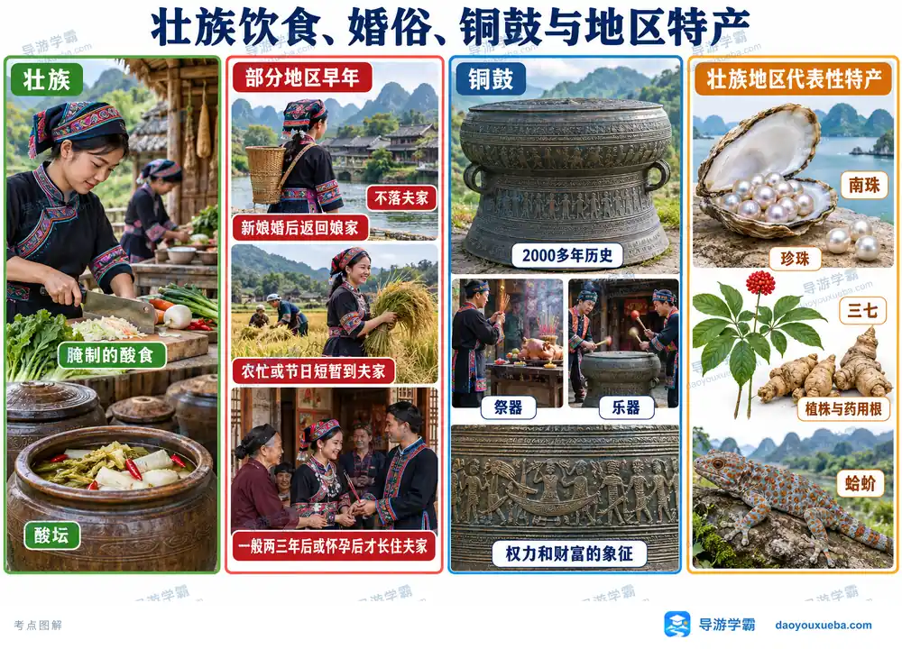 壮族不落夫家铜鼓文化与南珠考点图(导游学霸·科四广西)