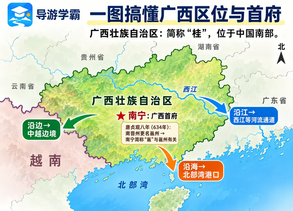 广西区位沿边沿海与首府南宁邕考点图(导游学霸·科四广西)