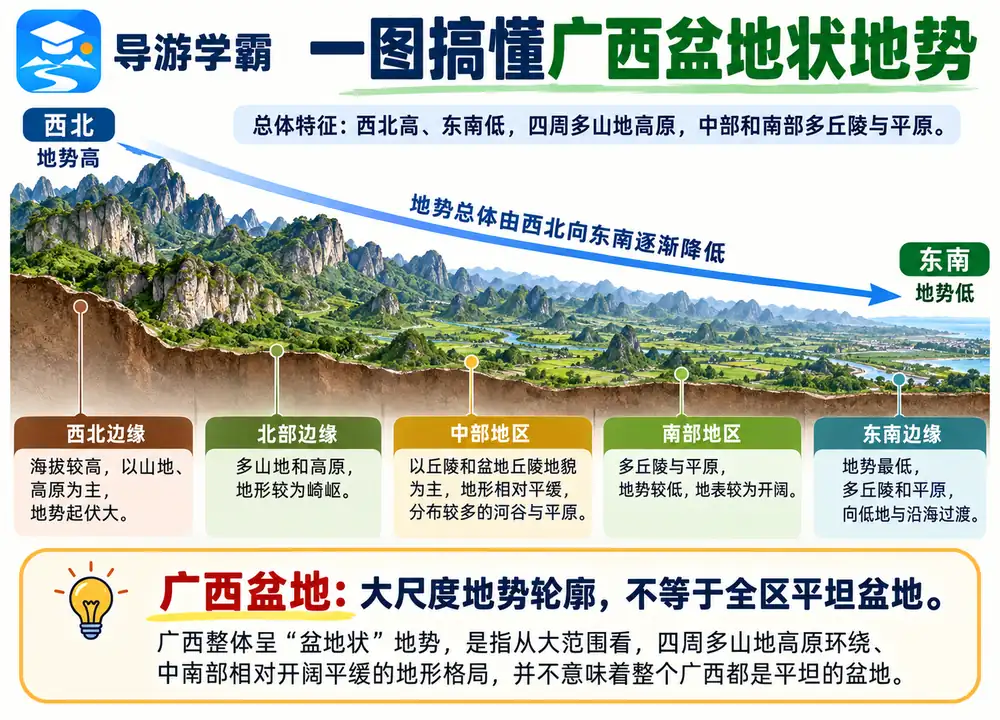 广西盆地状地势西北高东南低考点图（导游学霸·科四广西）