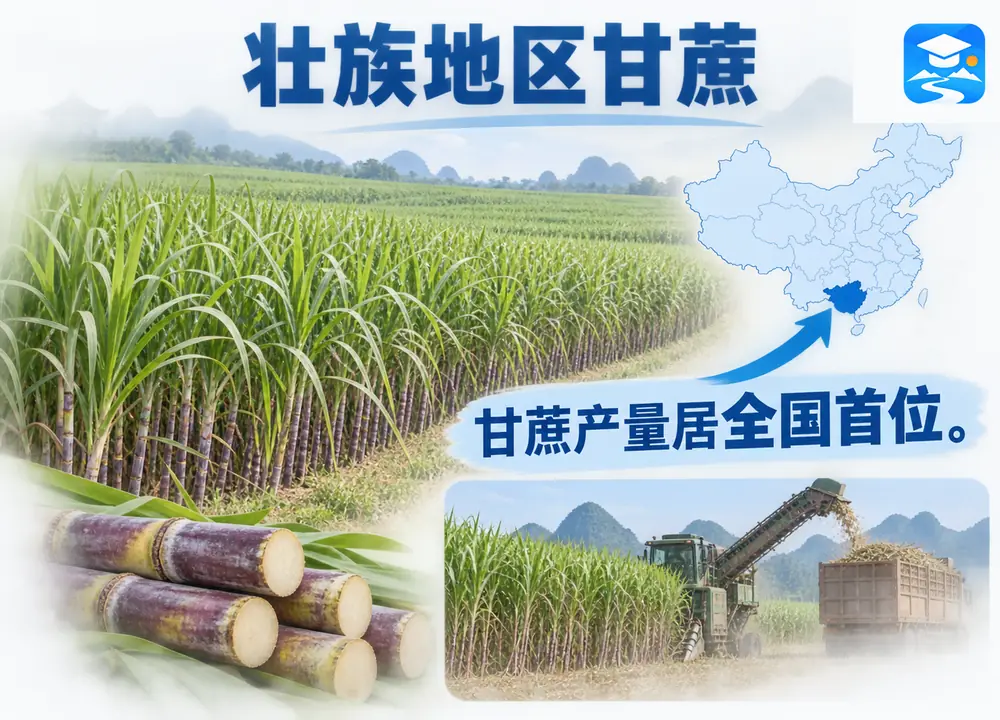 广西壮族自治区甘蔗产量全国首位考点图（导游学霸·科四广西）