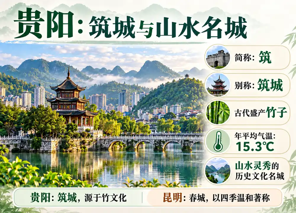 贵阳筑城竹文化与年均气温考点图（导游学霸·科四贵州）