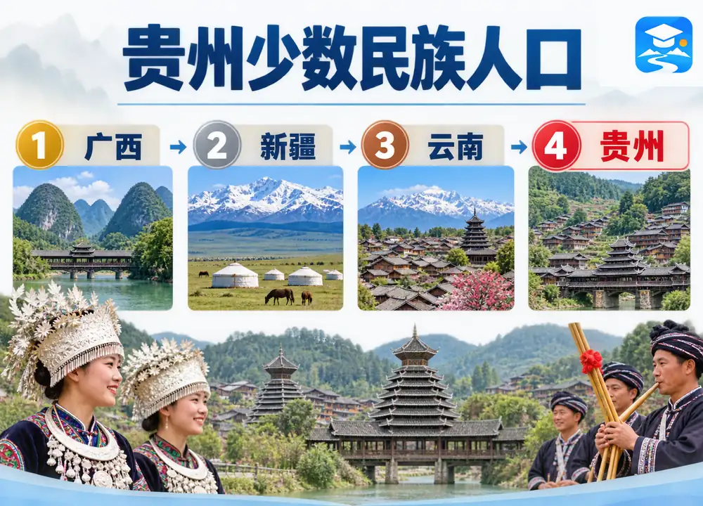 贵州少数民族人口全国排位第四考点图（导游学霸·科四贵州）