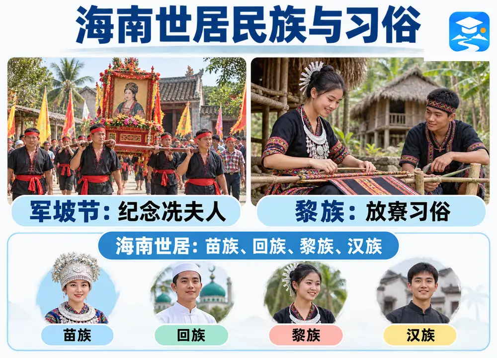 海南世居四民族军坡节与放寮考点图(导游学霸·科四海南)