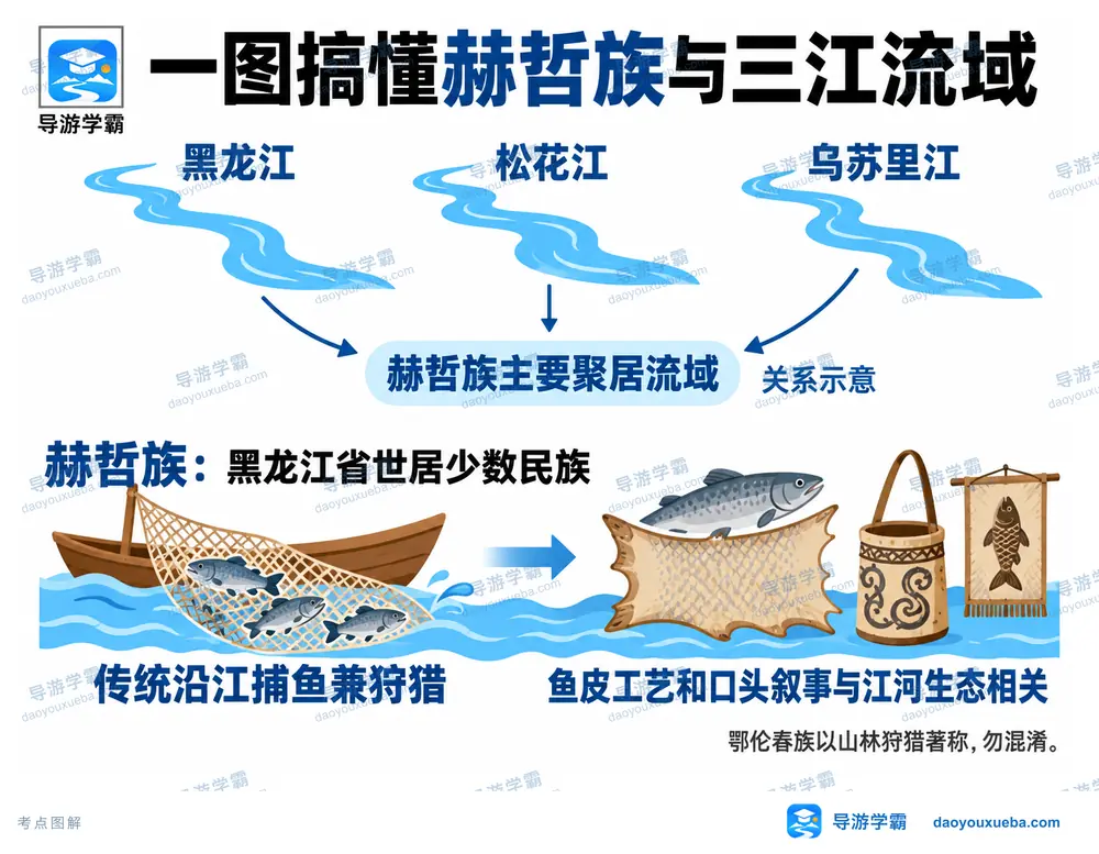 赫哲族三江流域聚居与鱼皮工艺考点图（导游学霸·科四黑龙江）