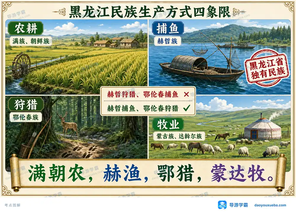 黑龙江民族传统生产方式四象限考点图（导游学霸·科四黑龙江）