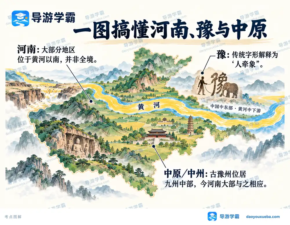 河南简称豫人牵象与中原别称考点图（导游学霸·科四河南）