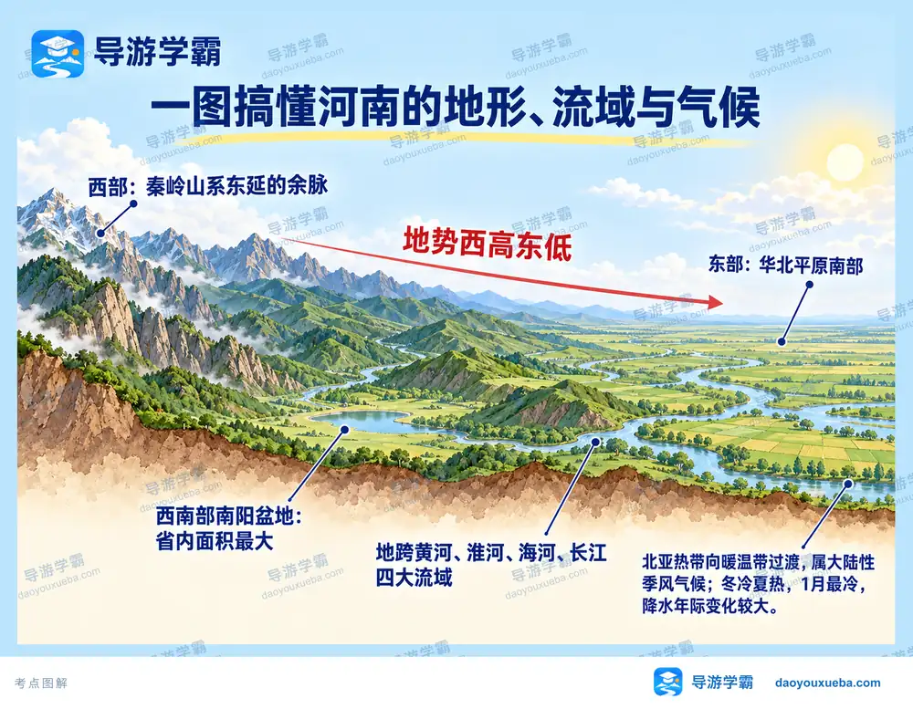 河南地形四大流域与过渡气候考点图（导游学霸·科四河南）