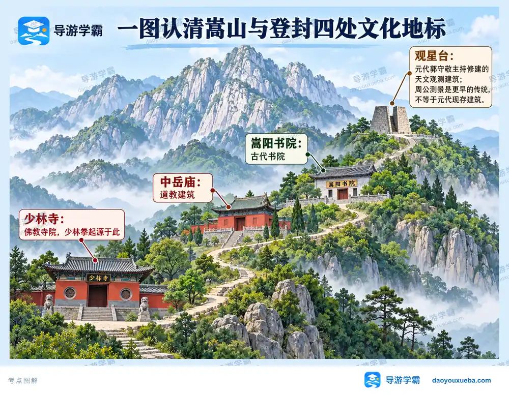 嵩山与登封四处文化地标功能辨析考点图（导游学霸·科四河南）