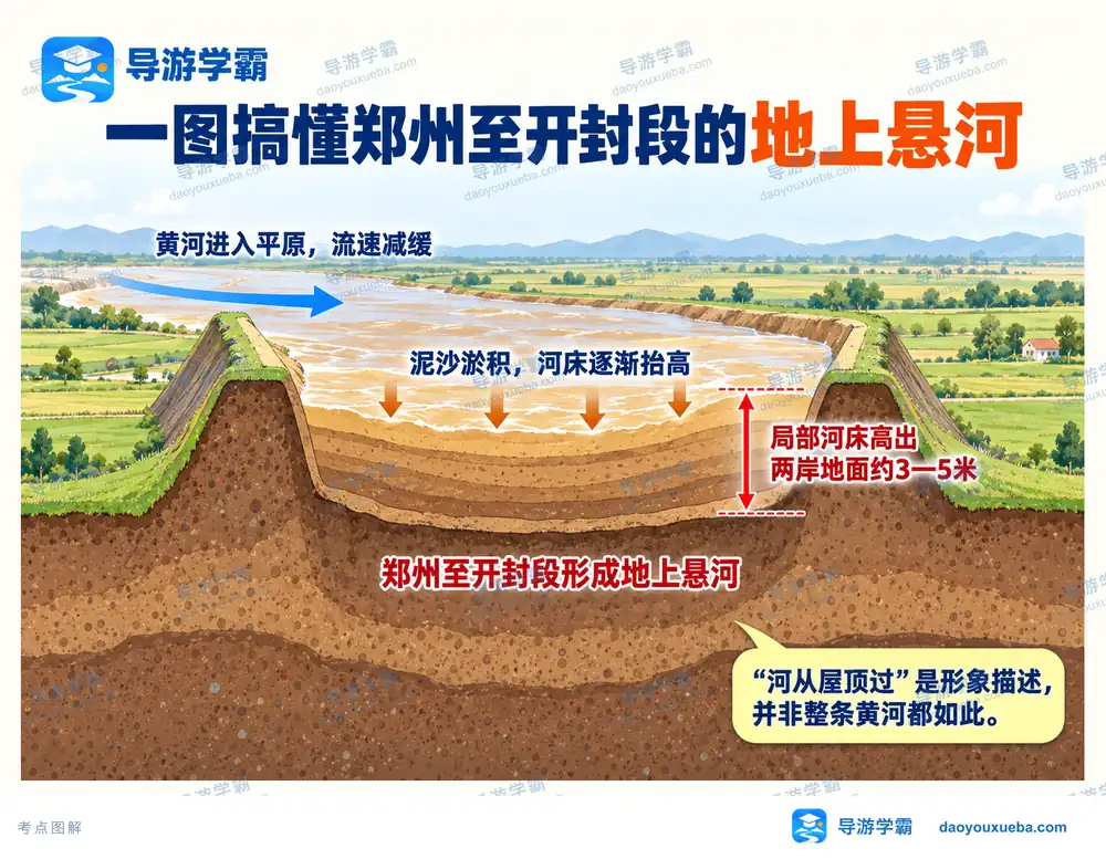黄河下游郑开段地上悬河成因考点图（导游学霸·科四河南）