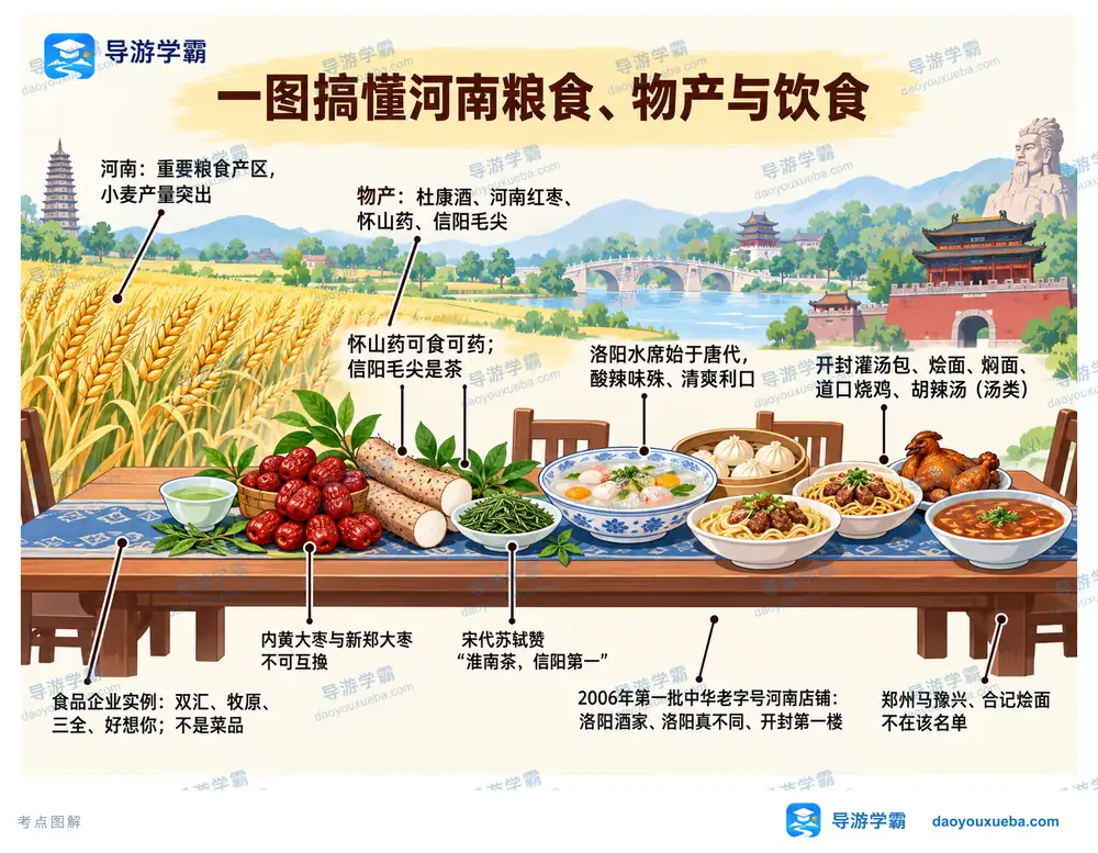 河南粮食著名物产与特色饮食考点图(导游学霸·科四河南)