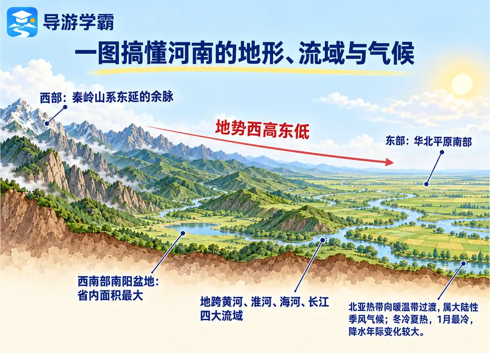河南地势西高东低淮河流域气候考点图（导游学霸·科四河南）