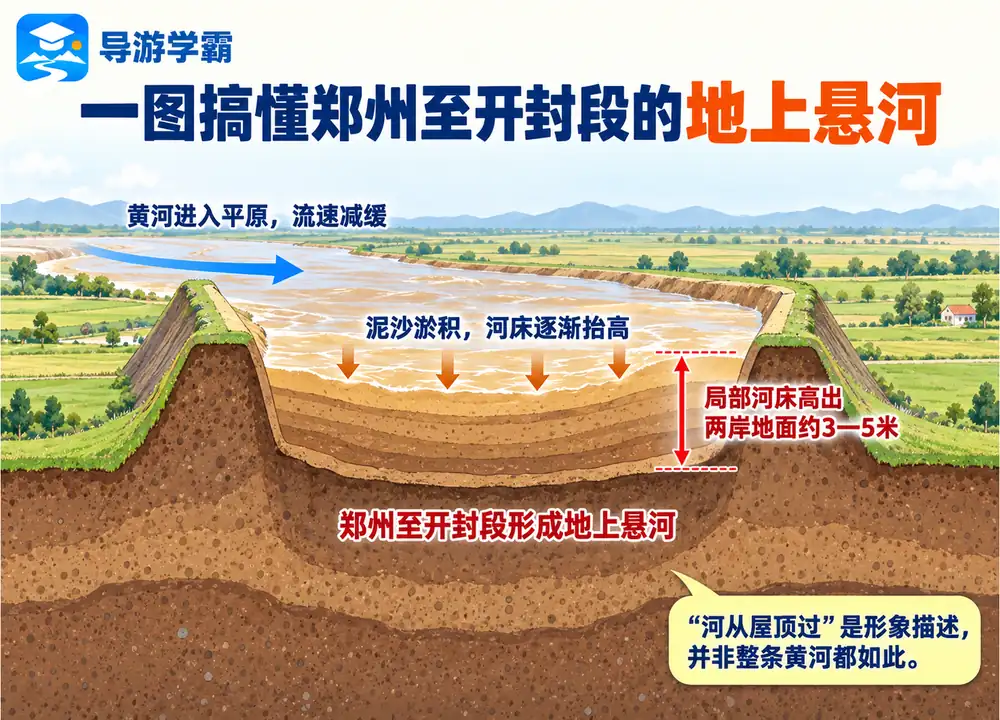黄河郑开段地上悬河成因特征考点图(导游学霸·科四河南)
