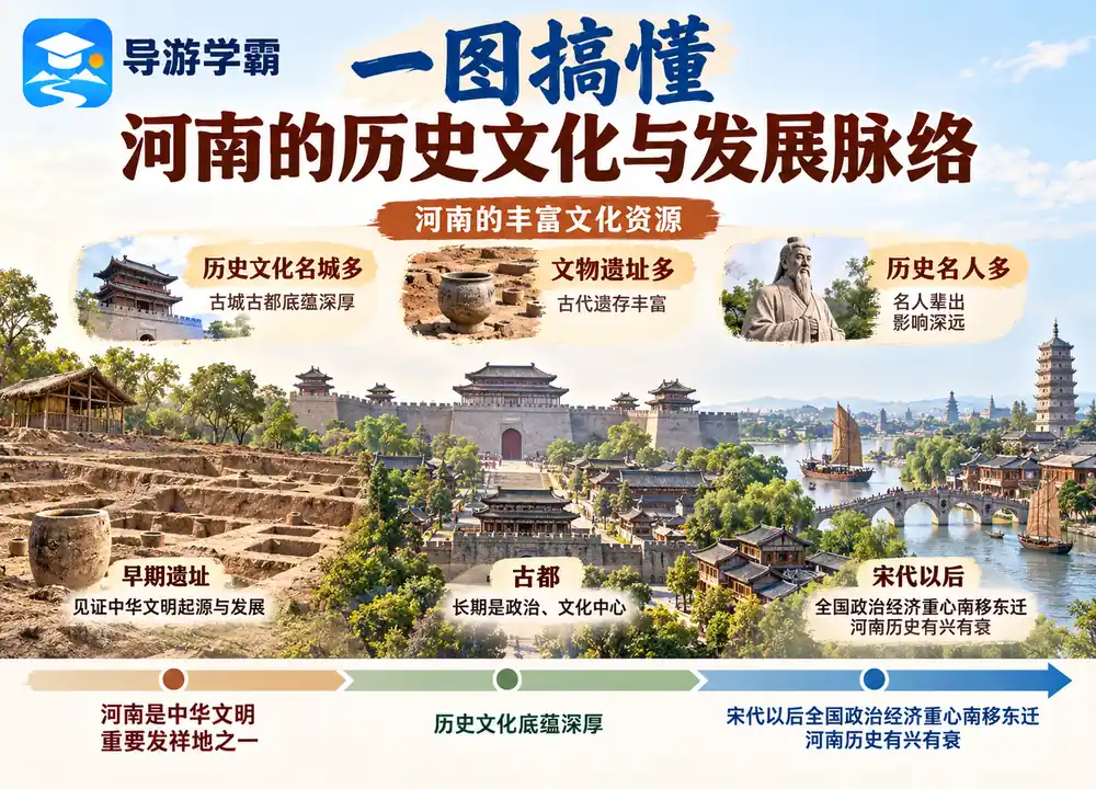 河南历史文化资源兴衰与重心南移考点图(导游学霸·科四河南)