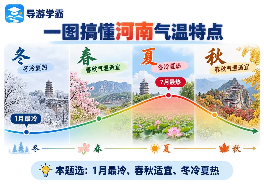 河南气温一月最冷冬冷夏热特征考点图（导游学霸·科四河南）