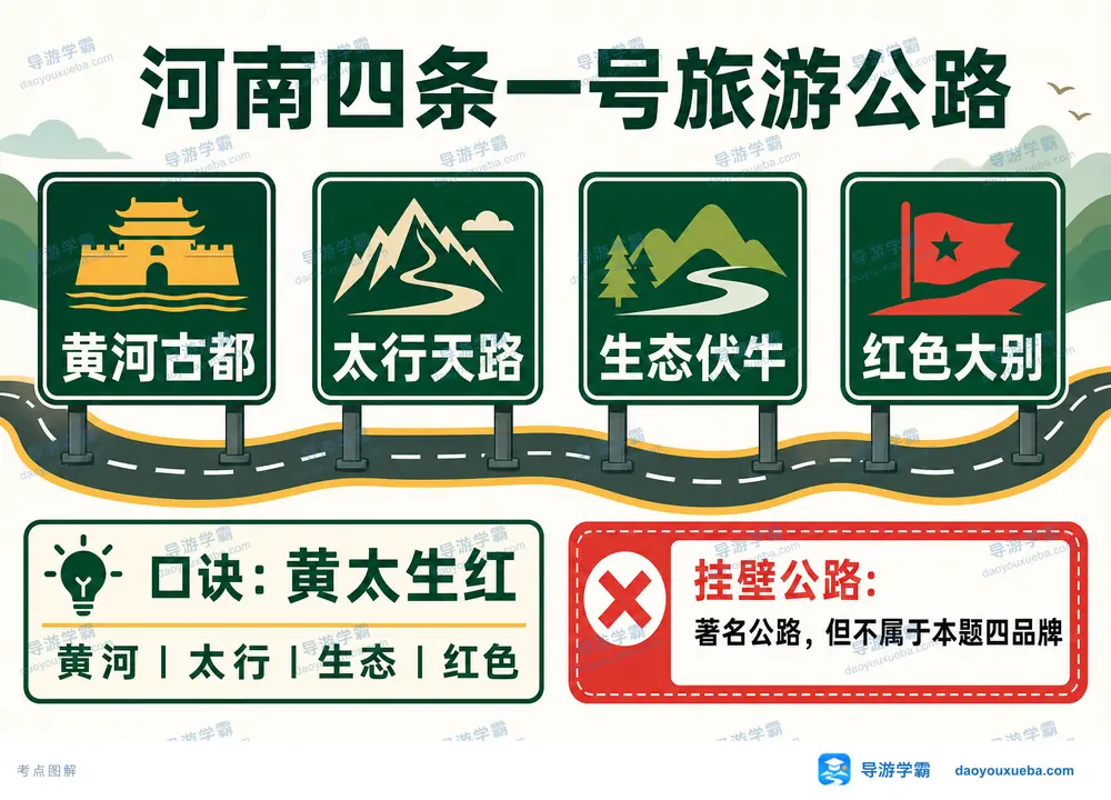 河南四条一号旅游公路黄太生红考点图（导游学霸·科四河南）