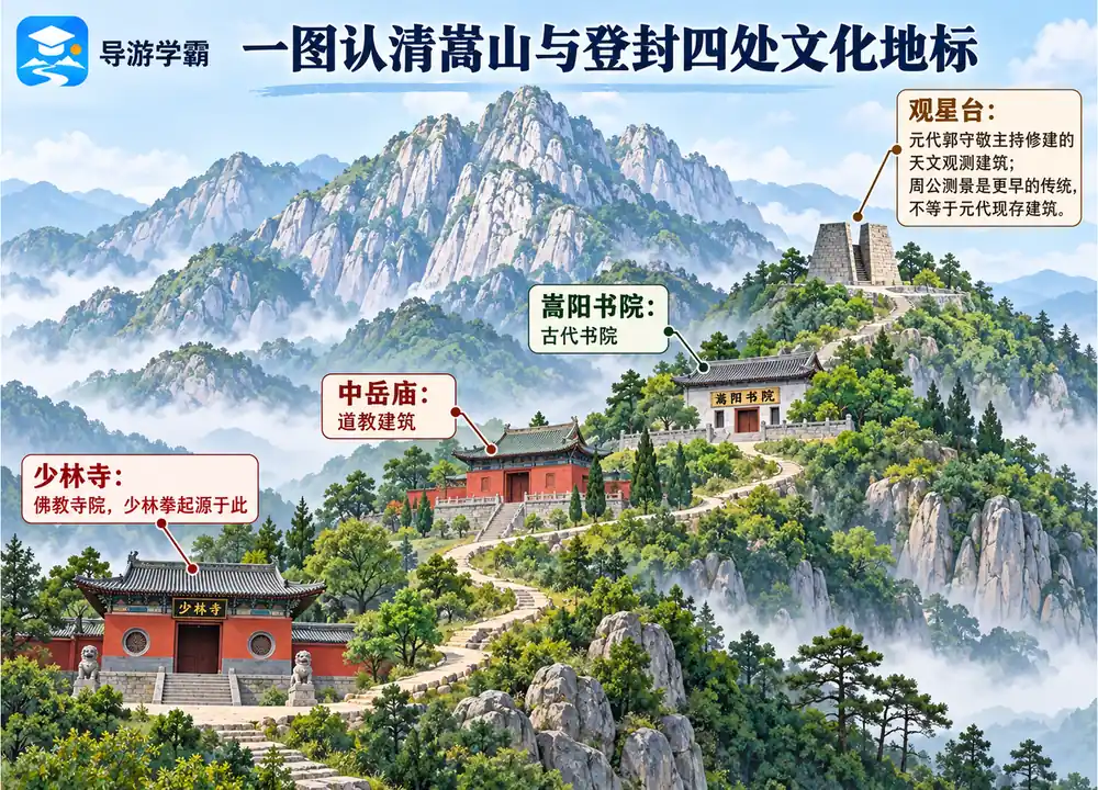 登封嵩山四大地标与郭守敬观星台考点图（导游学霸·科四河南）