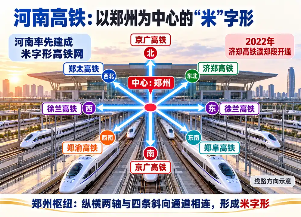 郑州米字形高铁网与八向通道考点图(导游学霸·科四河南)