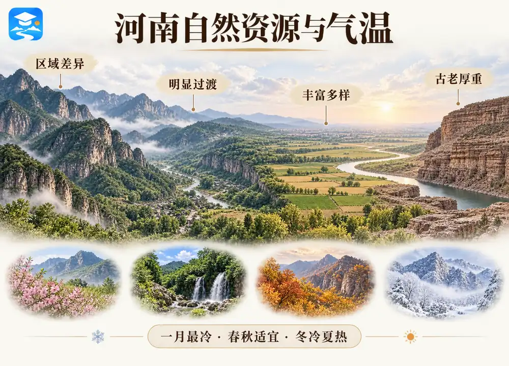 河南过渡性气候与一月最冷特征考点图（导游学霸·科四河南）