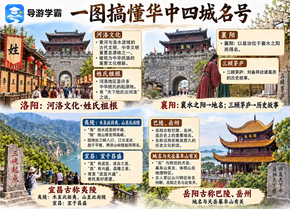 华中四城洛阳襄阳宜昌岳阳名号考点图（导游学霸·科四河南）