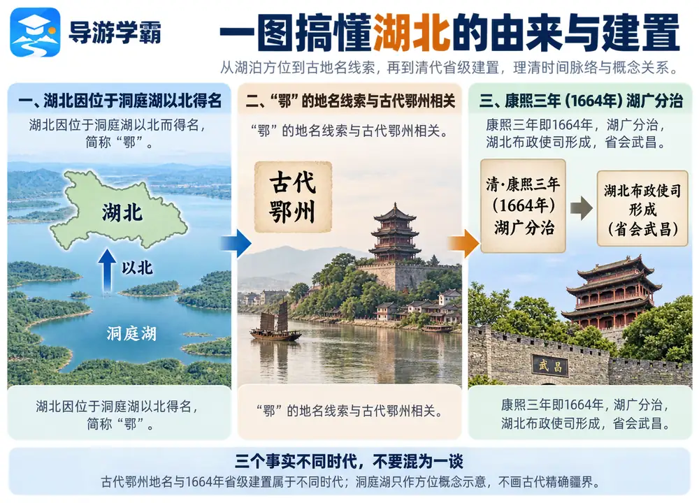 湖北洞庭湖以北得名鄂与湖广分治考点图（导游学霸·科四湖北）