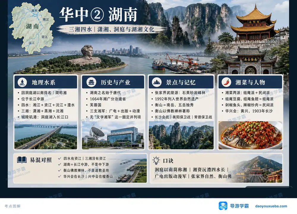华中湖南三湘四水与湖湘文化考点图（导游学霸·科四湖南）