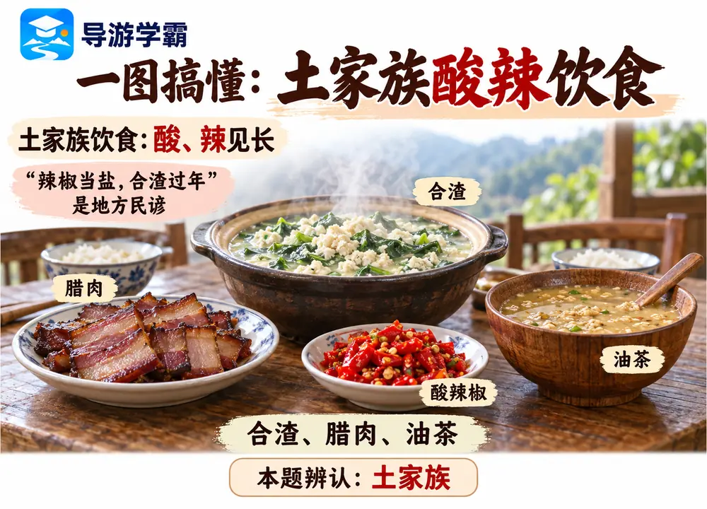 一图搞懂土家族酸辣饮食习俗考点图(导游学霸·科四湖南)
