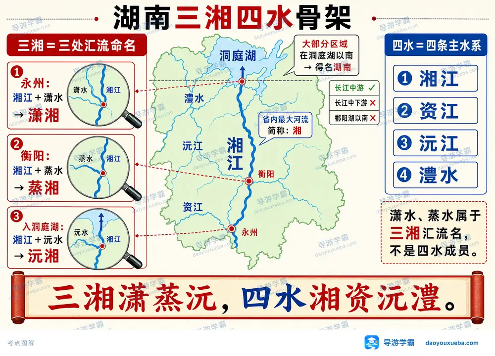 湖南三湘四水骨架与汇流主水系考点图(导游学霸·科四湖南)