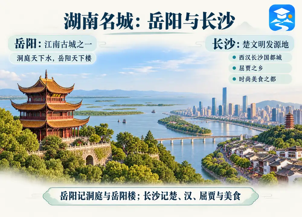 岳阳天下楼与长沙屈贾之乡标签考点图（导游学霸·科四湖南）