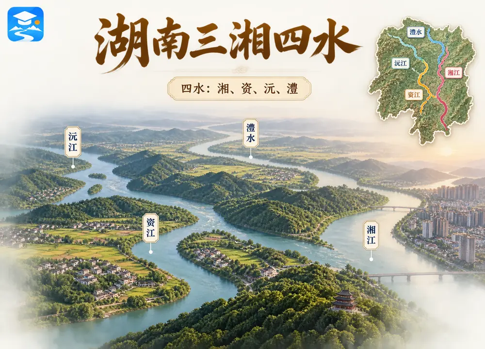 湖南三湘四水湘资沅澧汇洞庭考点图(导游学霸·科四湖南)