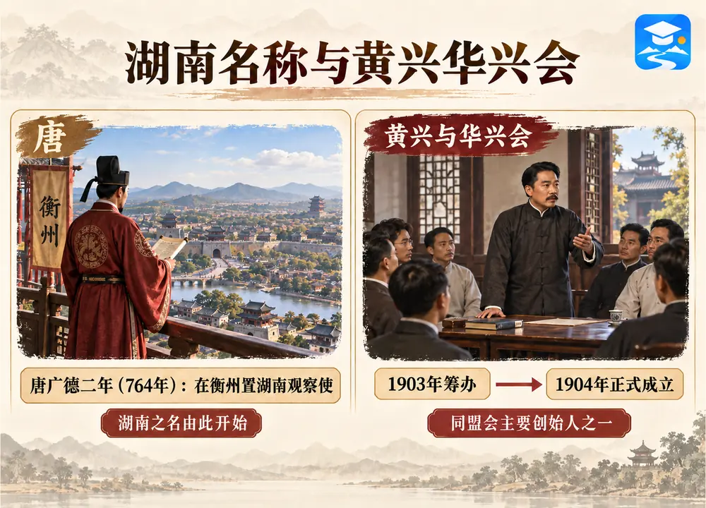 湖南唐代得名与黄兴创办华兴会考点图（导游学霸·科四湖南）
