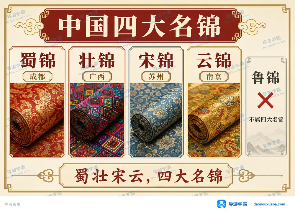 中国四大名锦产地归位与鲁锦排错考点图（导游学霸·科四江苏）