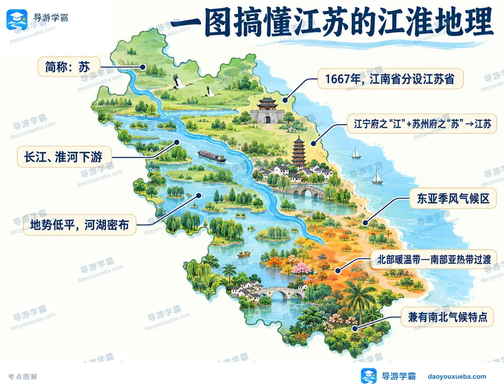 江苏1667建省省名由来与地理考点图（导游学霸·科四江苏）